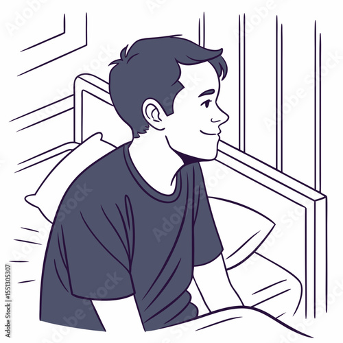 Boy sitting in bed contemplating the day ahead in a minimal design style