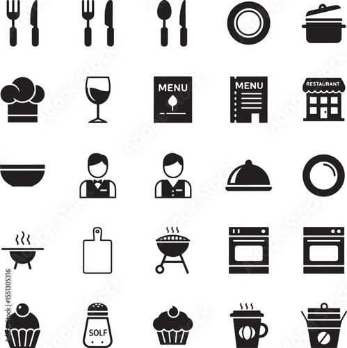 Collection of Black and White Restaurant and Food Icons Including Cutlery Wine Glass Chef Hat Menu Restaurant Building Bowls Waiter