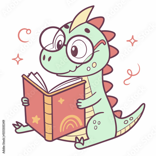 Charming cartoon dragon with glasses engrossed in reading an open book