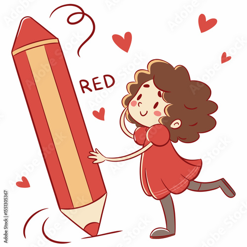 Whimsical illustration of a girl with oversized crayon and hearts floating around