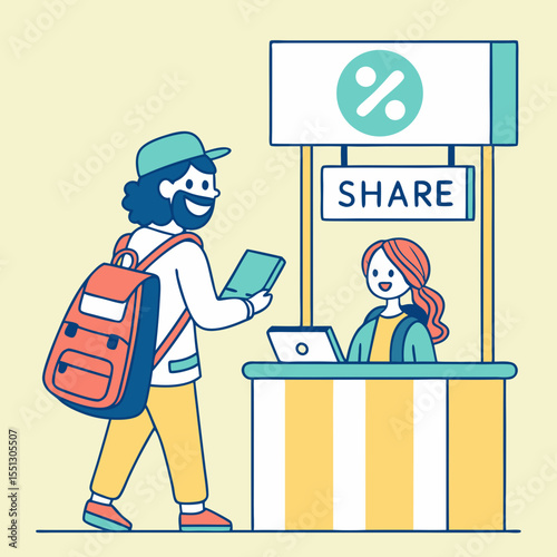 Illustration of a man interacting with a service booth promoting sharing concept