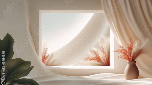 Serene Window Scene: A calming interior scene is illuminated by a window, the soft beige curtains create a gentle movement. A simple vase with dried flowers offers a touch of natural beauty.