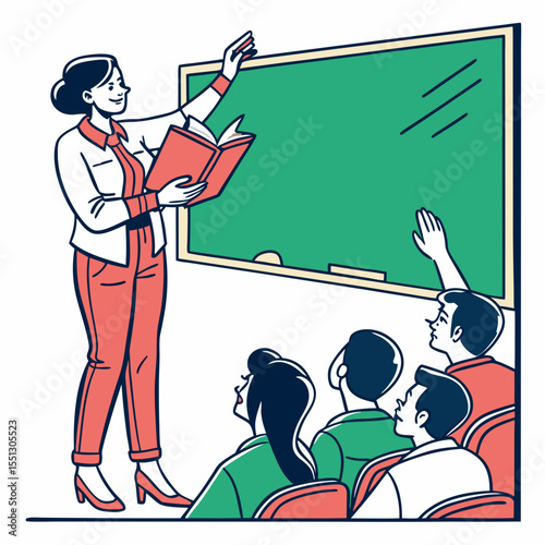 Illustrative classroom scene featuring a teacher and engaged students attentively learning