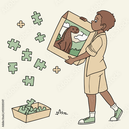 Cartoon depiction of boy completing dinosaur puzzle, fostering creative play
