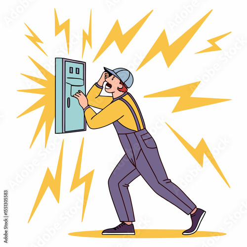 Shocked electrician encountering electrical hazard while working on fuse box system