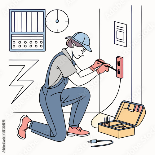 Electrician meticulously repairing electrical outlet with precision tools and safety gear