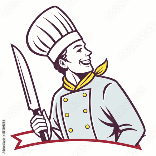 Smiling chef character illustration, culinary professional with knife and banner