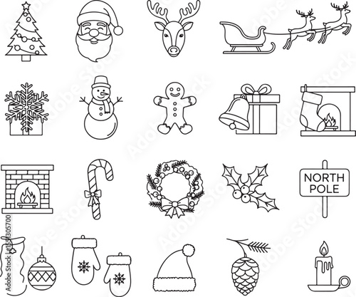 Collection of Black and White Line Art Christmas Icons including Santa Claus Reindeer Sleigh Snowman Gingerbread Man Christmas Tree and More