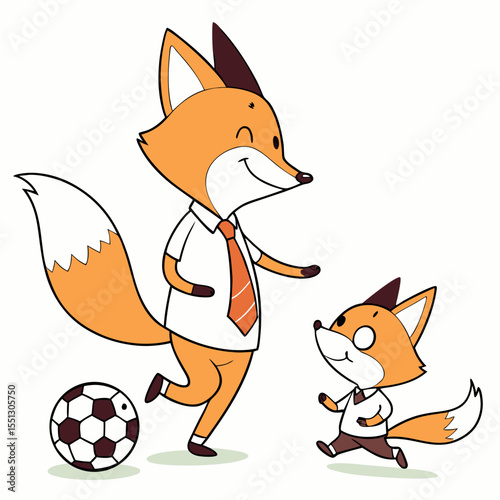 Animated fox father and son playing soccer, fostering family bonds and joy