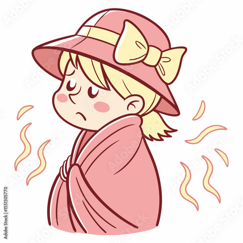 Cartoon girl shivering in pink, wrapped in blanket with sad expression