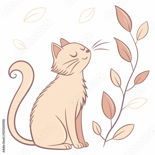 Serene feline companion basking near whimsical foliage in a pastel illustration