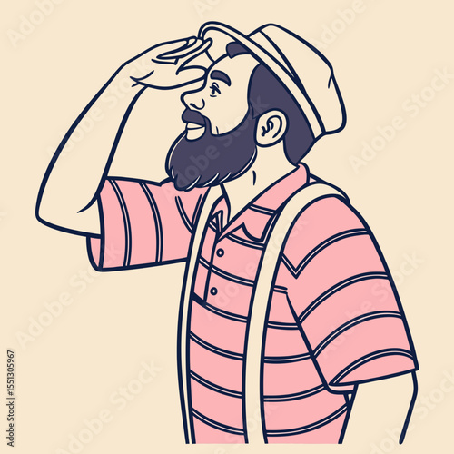 Bearded man with a hat and suspenders gazes intently into the distance