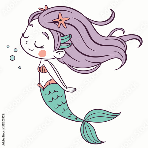 Charming whimsical mermaid illustration with lavender hair and turquoise tail