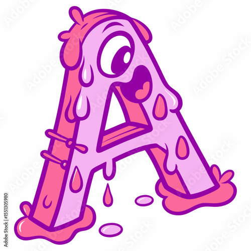 Melting magenta letter 'A' with playful facial expression and dripping texture