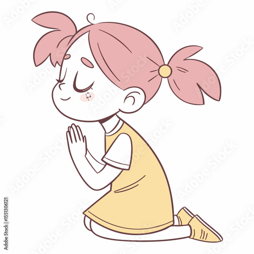 Whimsical illustration depicting a young girl in prayer with closed eyes