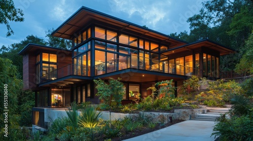 Modern architectural design with glass and greenery.