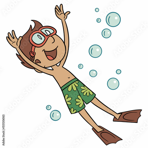 Cartoon boy diving joyfully underwater with flippers and mask creating bubbles