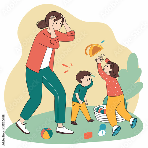 Overwhelmed Parent Navigating the Chaos of Childhood Playtime Outdoors