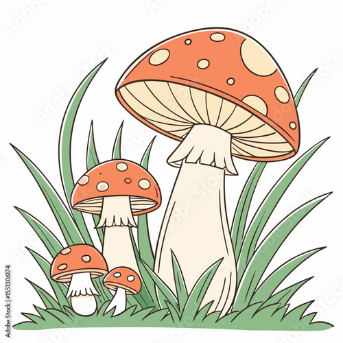 Delicate mushroom meadow: Whimsical fungi family scene amidst verdant blades