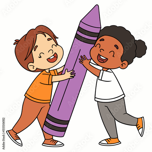 Happy diverse kids embracing a huge crayon, symbolizing creativity and teamwork