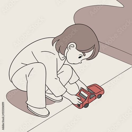 Childhood imagination: A youngster plays with a toy car in a minimalistic illustration