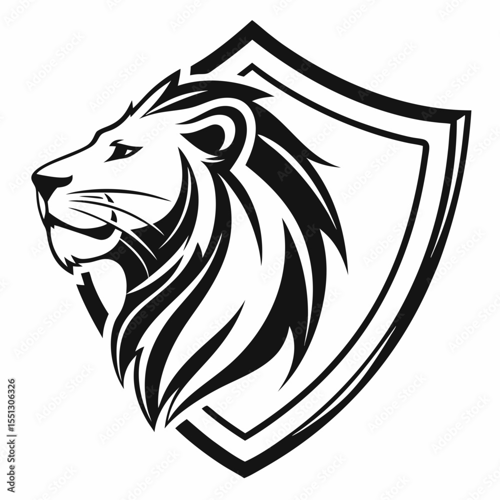 Obraz premium Majestic Lion Head Graphic in Shield, Symbolizing Strength and Protection in Black and White