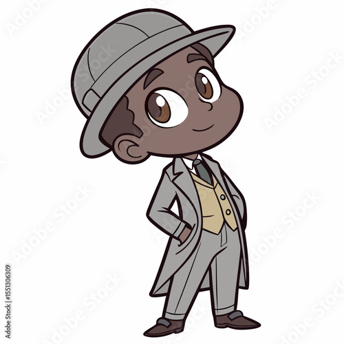 Cartoon character in retro attire radiates charm on a crisp white backdrop
