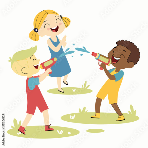 Joyful water gun fight with diverse children creates playful illustration