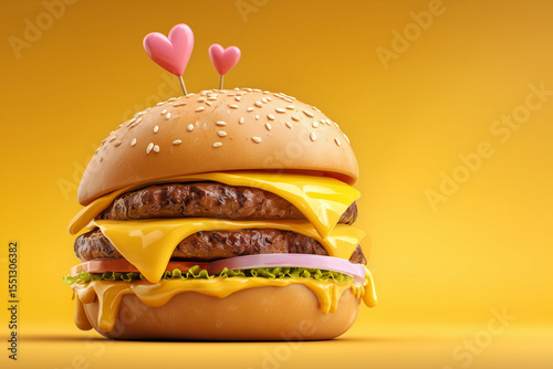 Valentine's Cheeseburger Delight. Double cheeseburger with heart picks on yellow background, perfect for Valentine's Day designs or food promotions.
