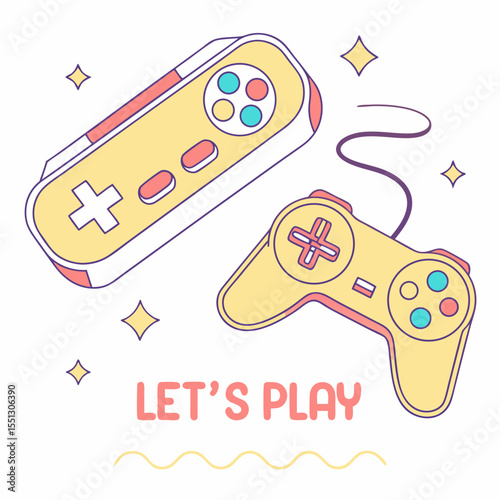 Retro gaming invitation featuring classic console controllers and sparkling accents