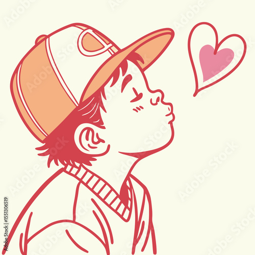 Whimsical illustration of a boy with a baseball cap sending a loving kiss