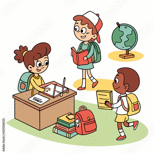 Cartoon pupils engaging learning and studying at educational establishment