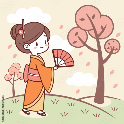 Charming geisha illustration in a serene landscape with blossoming trees scene
