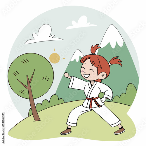 Enthusiastic young karate practitioner training in a picturesque natural setting