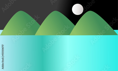 abstract background with mountains, river and moon, night view