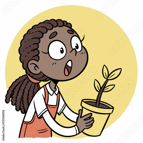 Astonished girl observing the growth of a tiny plant in a terracotta pot