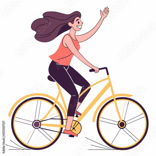 Joyful cyclist woman waving hello on a sunny ride with her yellow bicycle