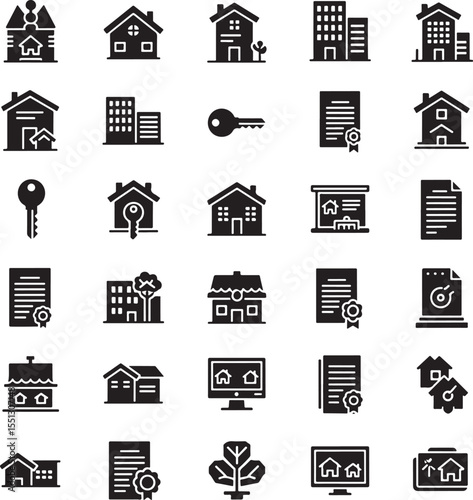 Collection of Black Real Estate Icons House Building Key Document Home Apartment Property Symbol Set