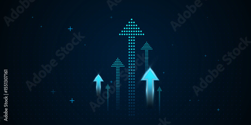 The arrows vary in size and brightness, creating a dynamic effect that conveys upward momentum and digital advancement. The multiple glowing blue dots arrows, vector illustration