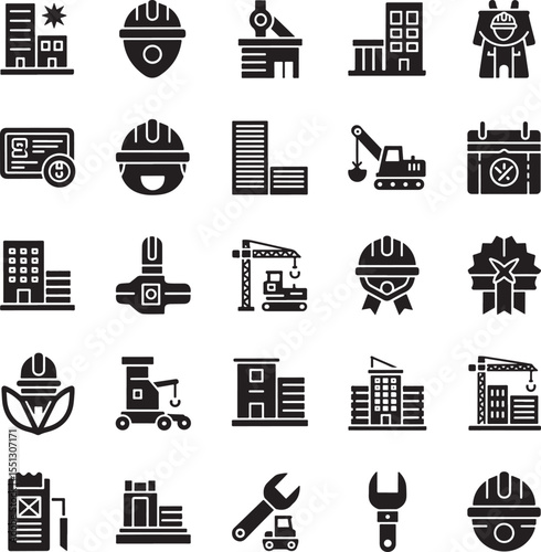 Collection of Black Silhouettes Construction Icons Building Crane Helmet Blueprint Award