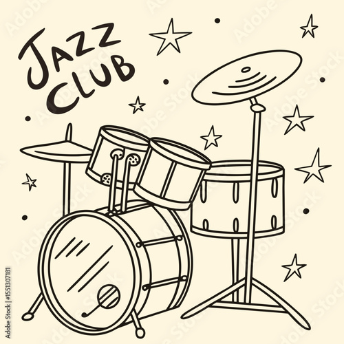 Minimalist drawing of a jazz club drum kit surrounded by whimsical star motifs