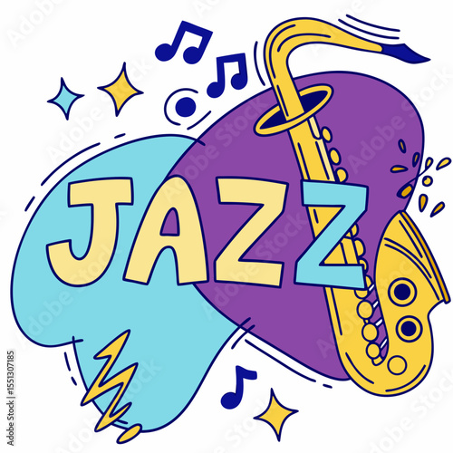 Vibrant jazz illustration showcasing a stylized saxophone and musical notes