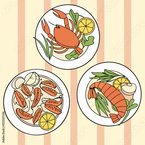 Artistic depiction showcasing a trio of seafood dishes with elegant styling
