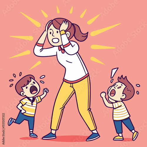 Mother feeling overwhelmed by noisy children, parental stress illustration