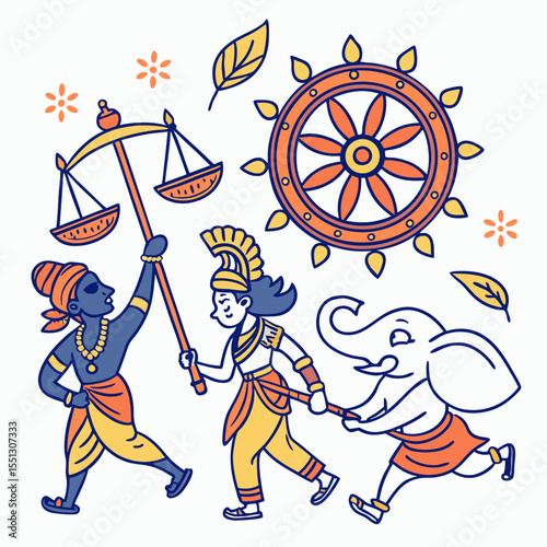 Harmonious hindu mythological parade illustration showcasing celestial beings and mythical animals