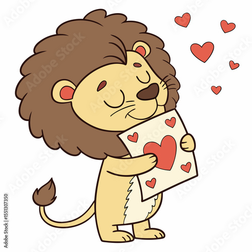 Adorable lion in love holding heart-covered card surrounded by floating hearts