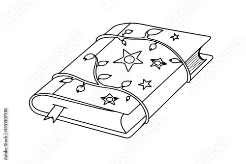 Line Art Book with Vines Stars and Bookmark black and white