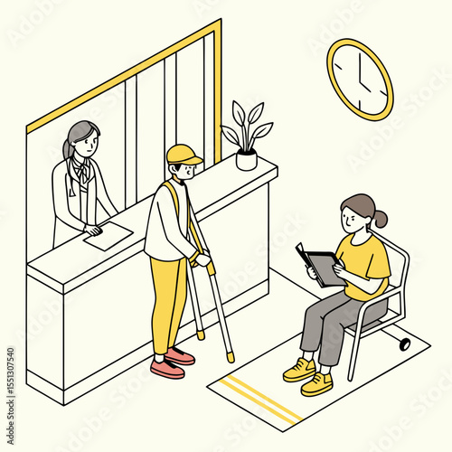 Isometric illustration depicting healthcare clinic reception with patients and doctor