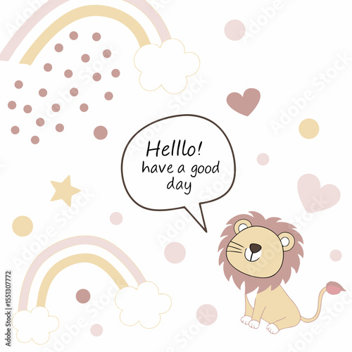Gentle whimsical lion illustration with pastel rainbows and positive message