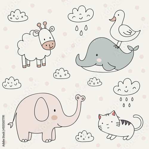 Charming whimsical animal illustrations in a pastel-toned childlike scene filled with joy